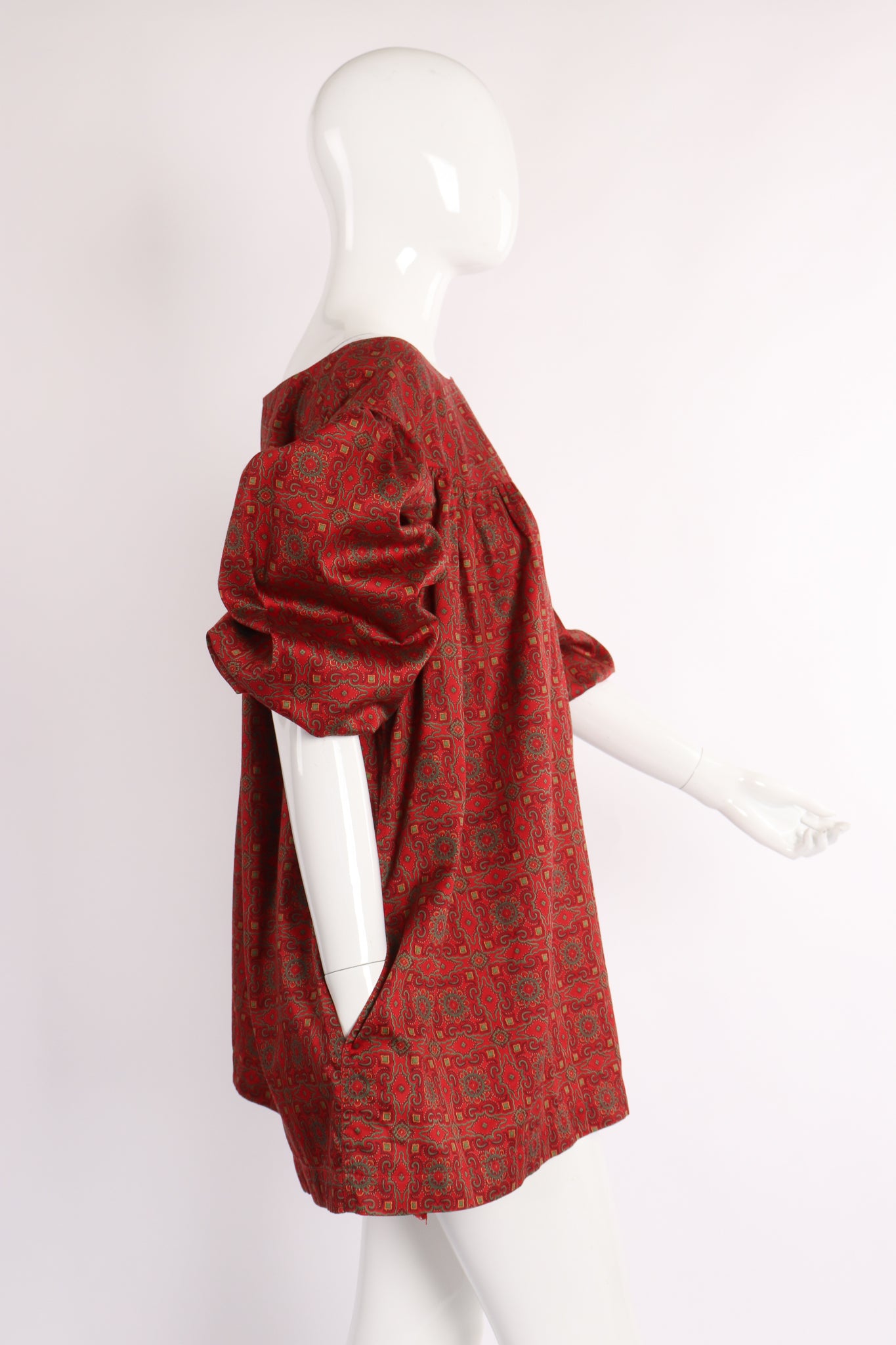 Vintage Yves Saint Laurent YSL Crimson Cotton Tile Print Tunic on Mannequin side at Recess LA
