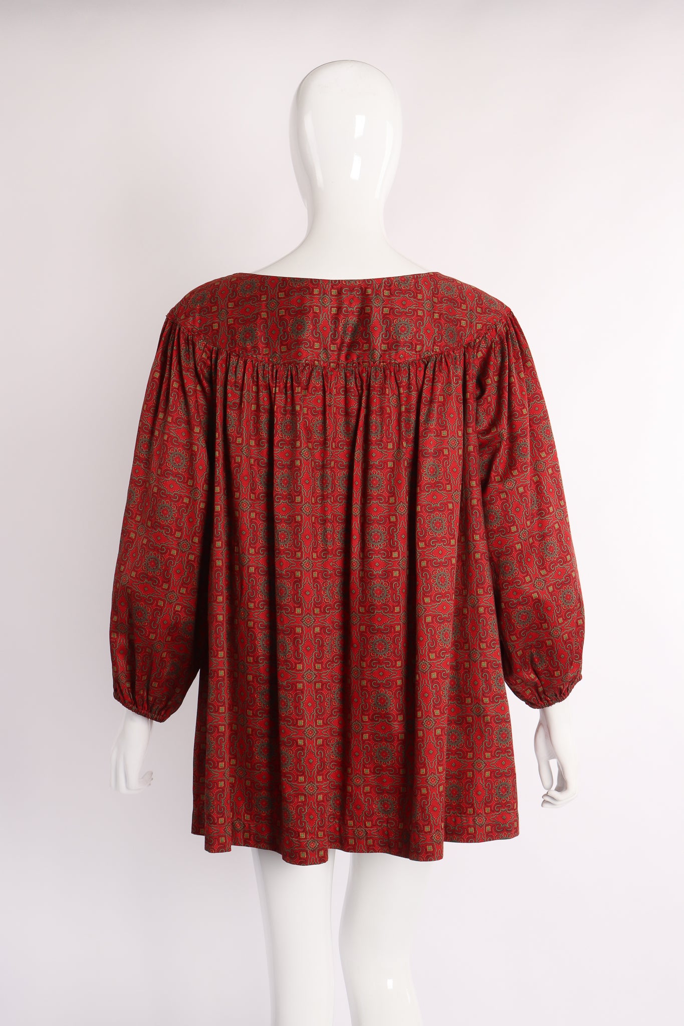 Vintage Yves Saint Laurent YSL Crimson Cotton Tile Print Tunic on Mannequin back at Recess LA