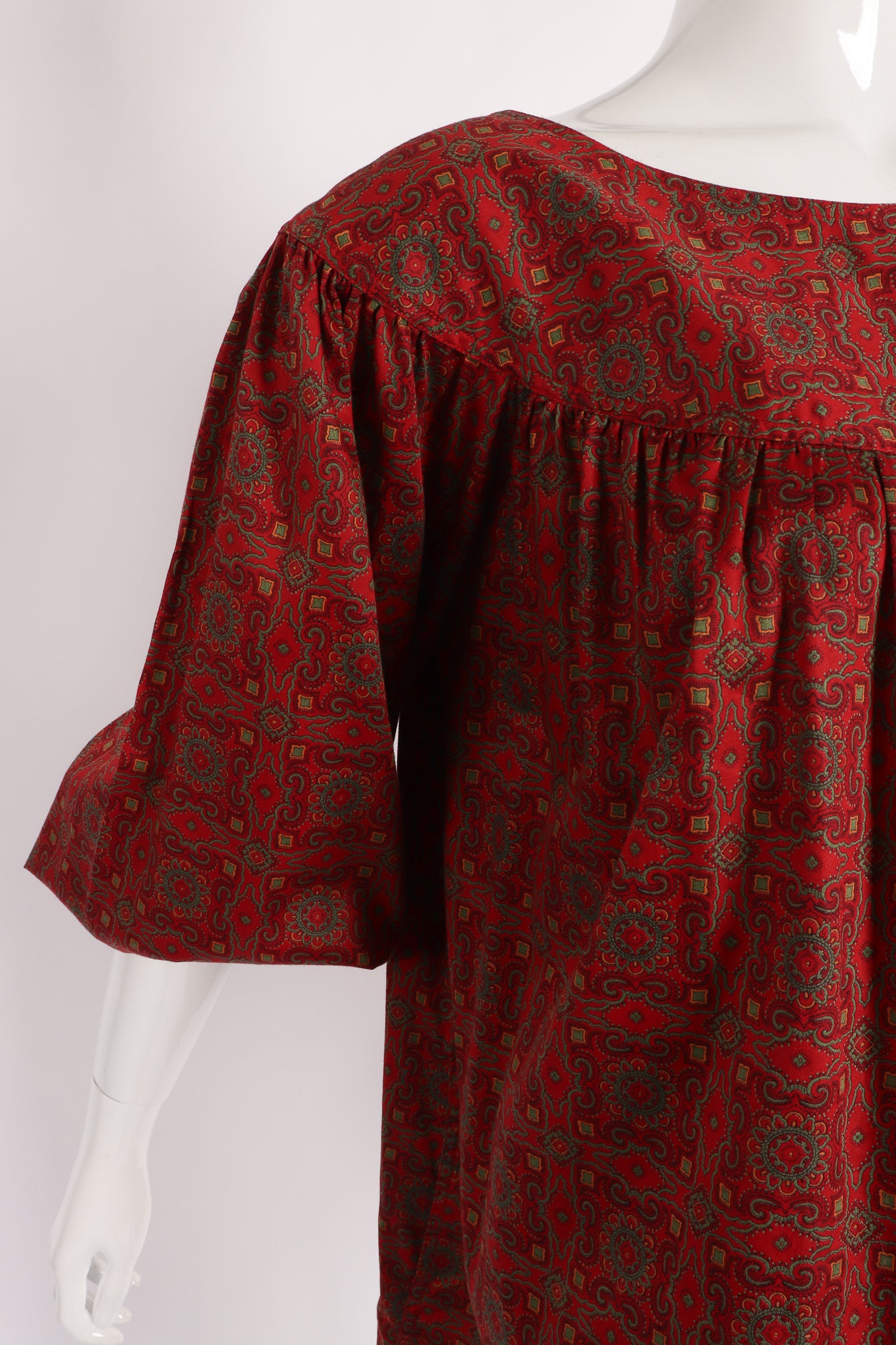 Vintage Yves Saint Laurent YSL Crimson Cotton Tile Print Tunic on Mannequin arm at Recess LA