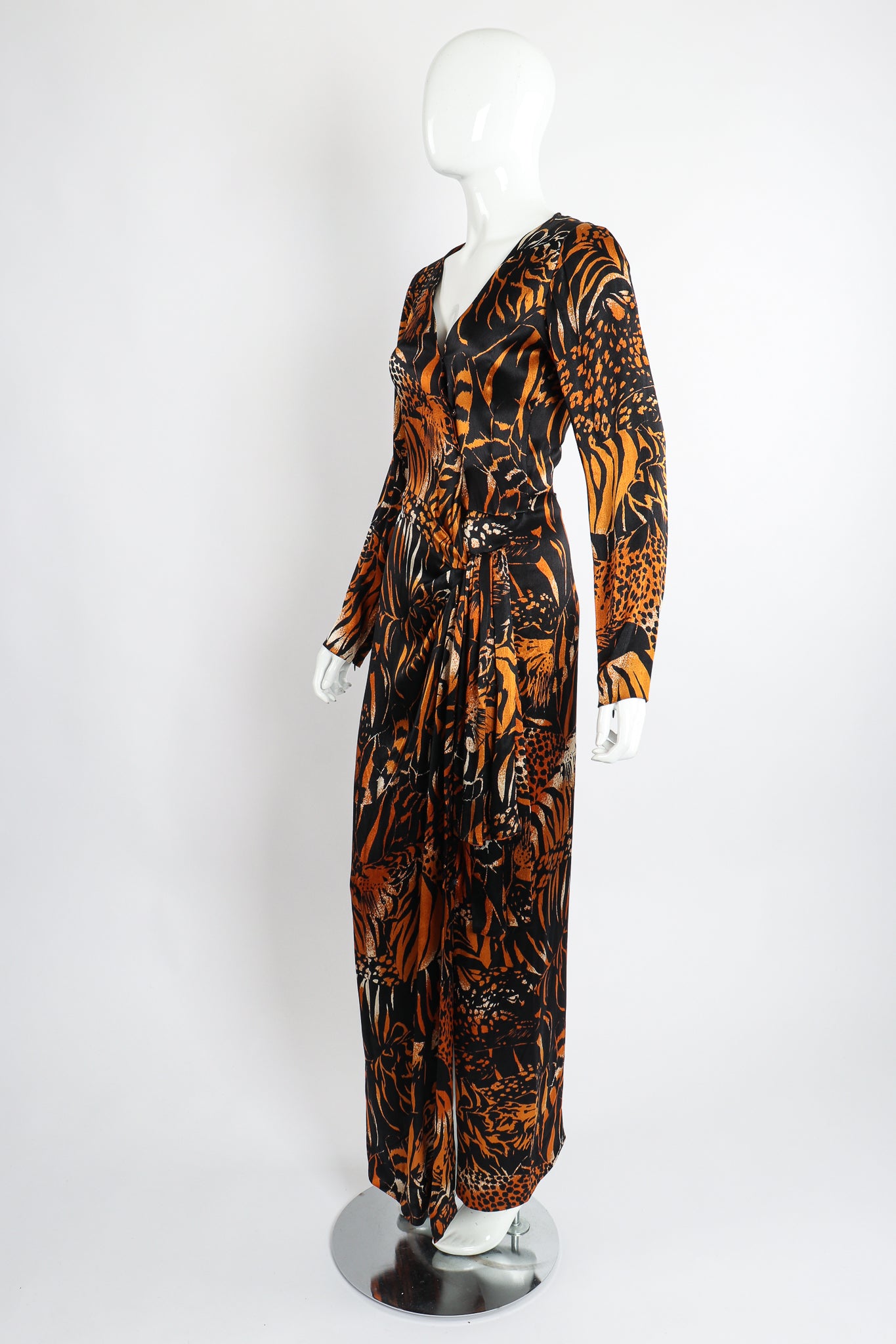 Vintage Yves Saint Laurent YSL Silk Tiger Wrap Dress on Mannequin angle at Recess Los Angeles