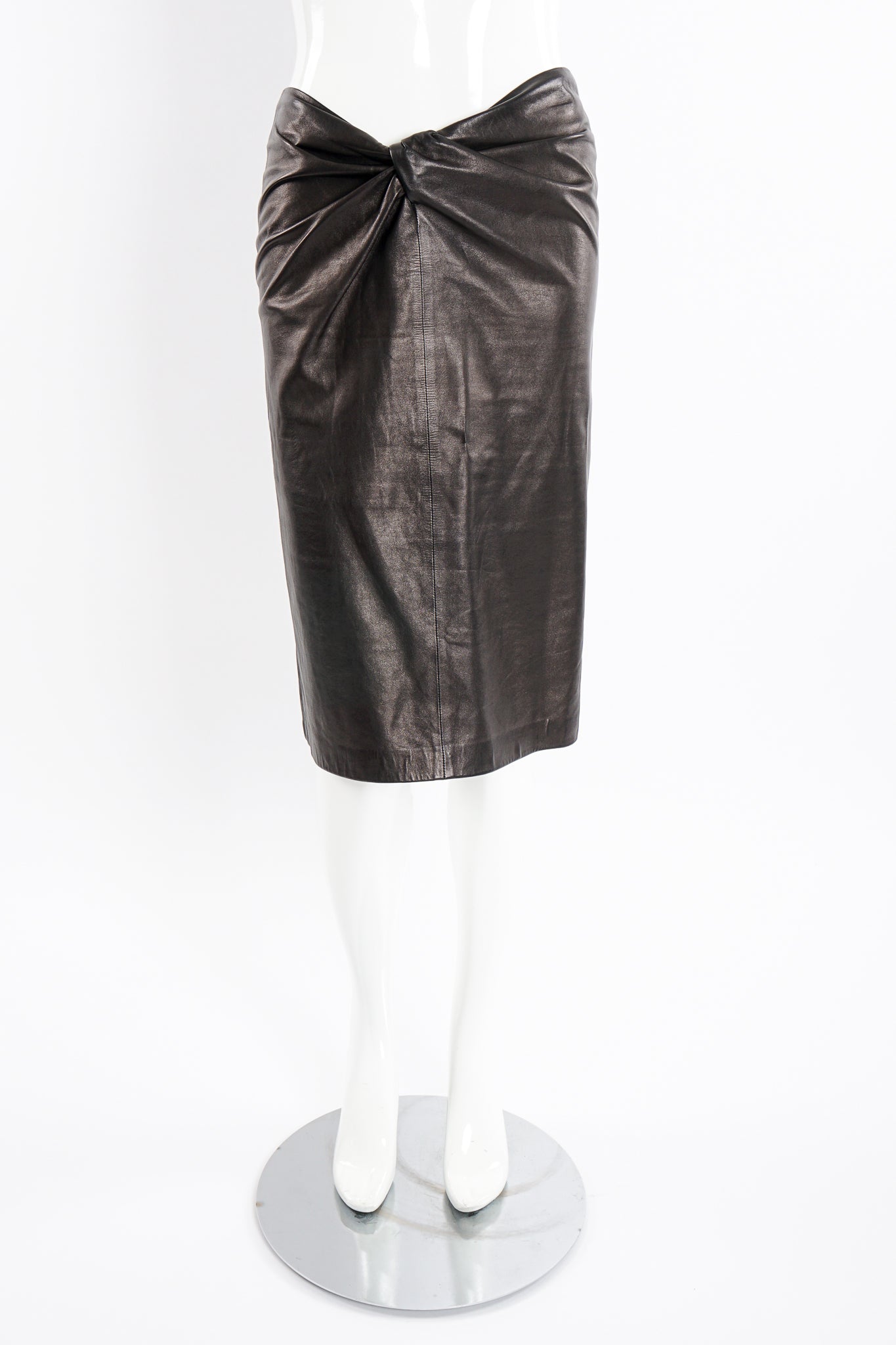 Vintage YSL Yves Saint Laurent Leather Twist Skirt on Mannequin front at Recess Los Angeles