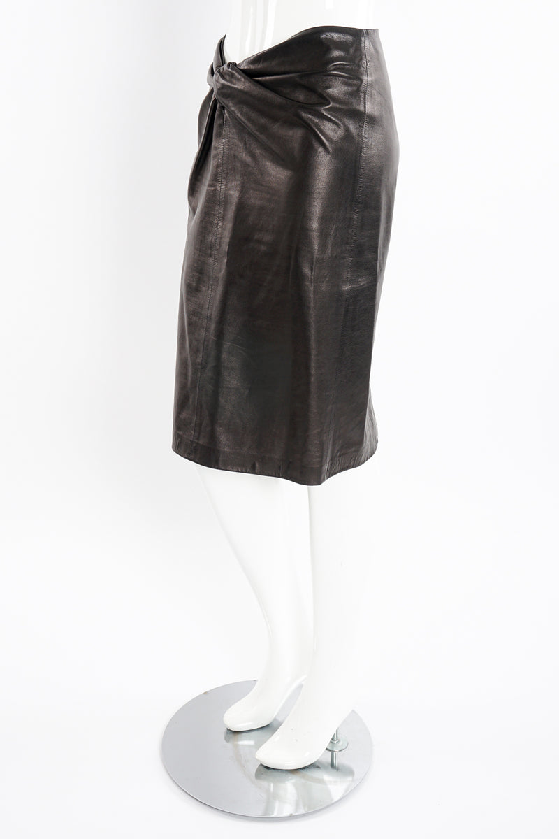 Vintage YSL Yves Saint Laurent Leather Twist Skirt on Mannequin angle at Recess Los Angeles