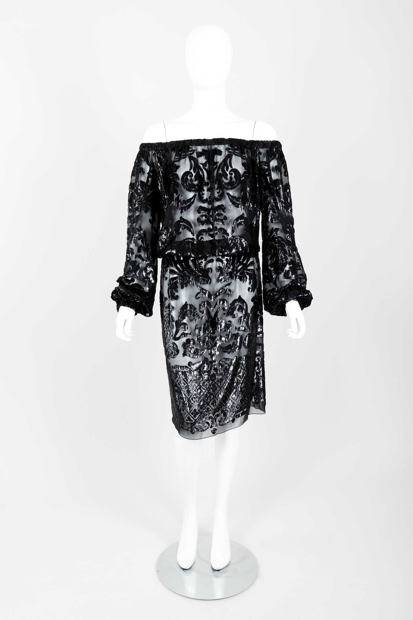 Vintage YSL Yves Saint Laurent Sheer Lamé Peasant Dress on Mannequin front at Recess