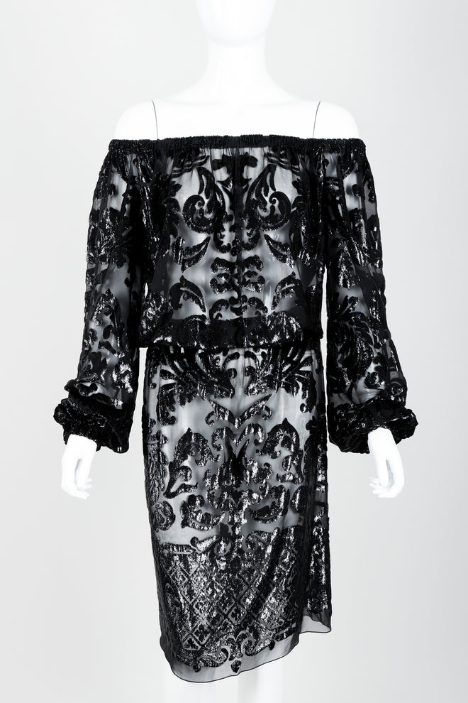Vintage YSL Yves Saint Laurent Sheer Lamé Peasant Dress on Mannequin front Crop at Recess