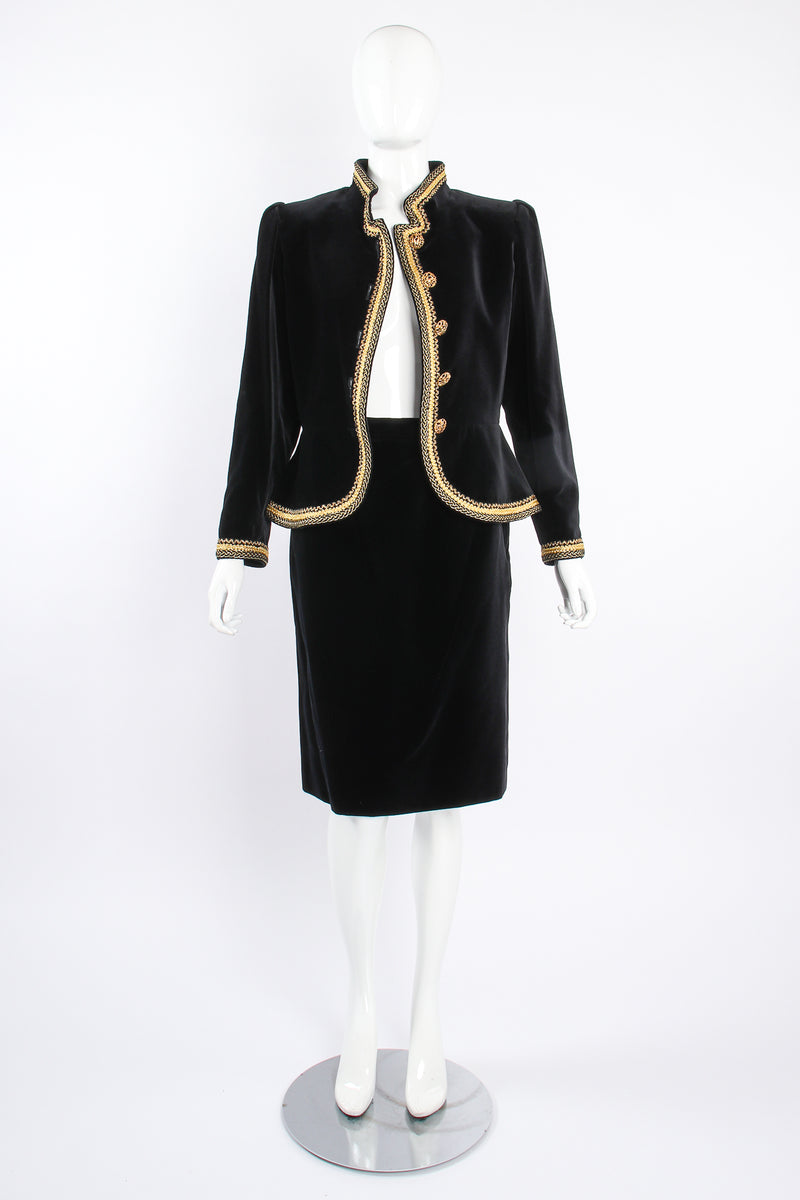 Vintage YSL Yves Saint Laurent Velvet Jacket & Skirt Set Russian on mannequin front at Recess LA