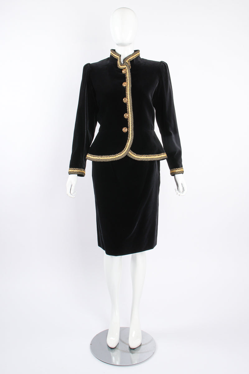 Vintage YSL Yves Saint Laurent Velvet Jacket & Skirt Set Russian on mannequin front at Recess LA