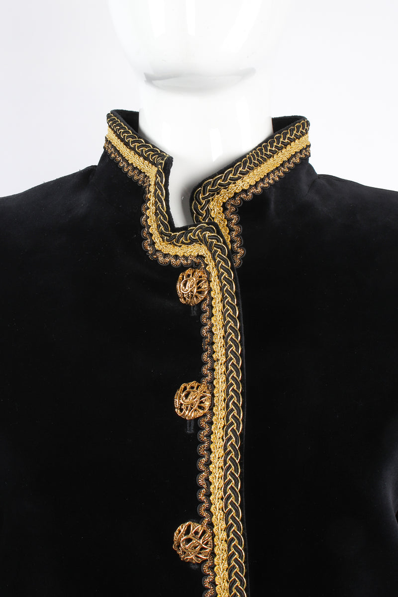 Vintage YSL Yves Saint Laurent Velvet Jacket & Skirt Set Russian on mannequin neck at Recess LA