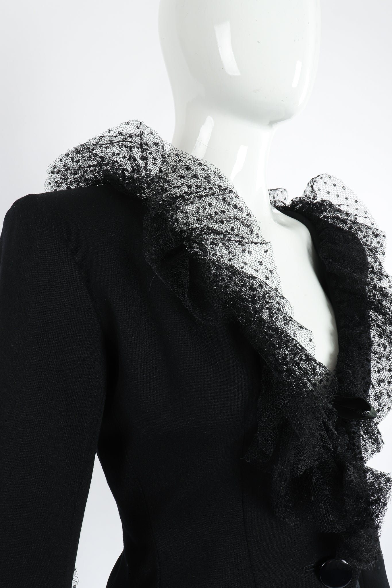 Vintage Yves Saint Laurent YSL Tulle Ruffle Collar Jacket on Mannequin neckline at Recess Los Angeles