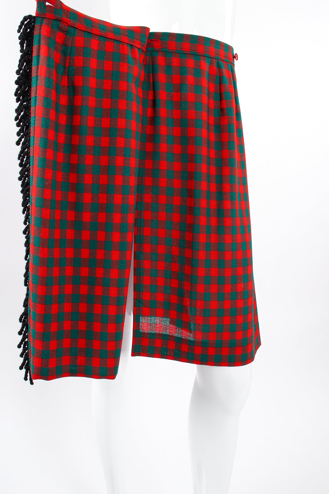 Vintage Yves Saint Laurent YSL Yarn Fringe Wrap Skirt on Mannequin wrap flap at Recess Los Angeles