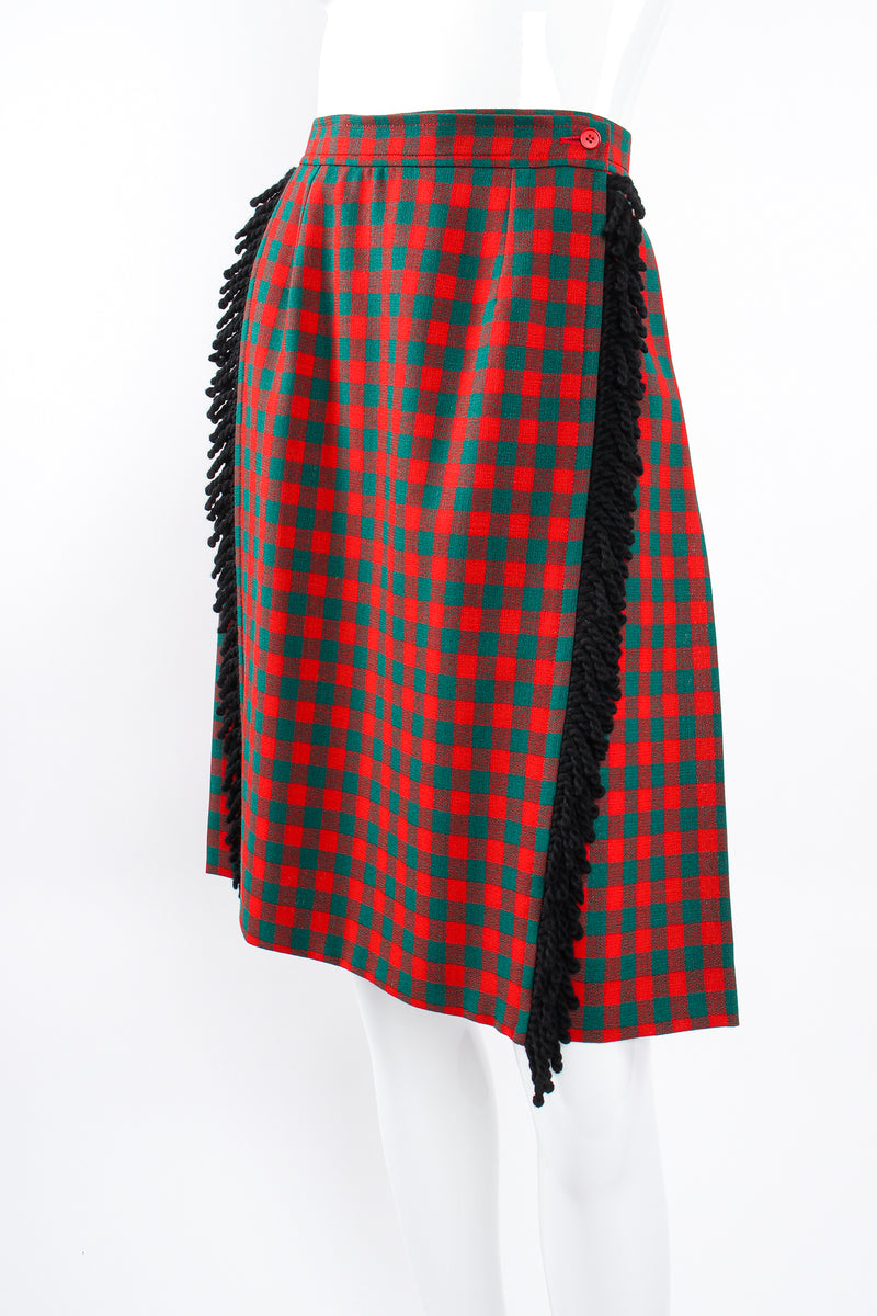 Vintage Yves Saint Laurent YSL Yarn Fringe Wrap Skirt on Mannequin angle crop at Recess Los Angeles