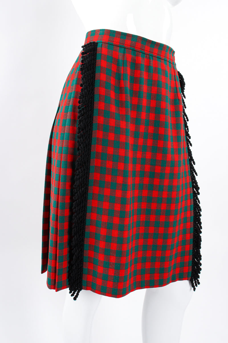 Vintage Yves Saint Laurent YSL Yarn Fringe Wrap Skirt on Mannequin angle crop at Recess Los Angeles