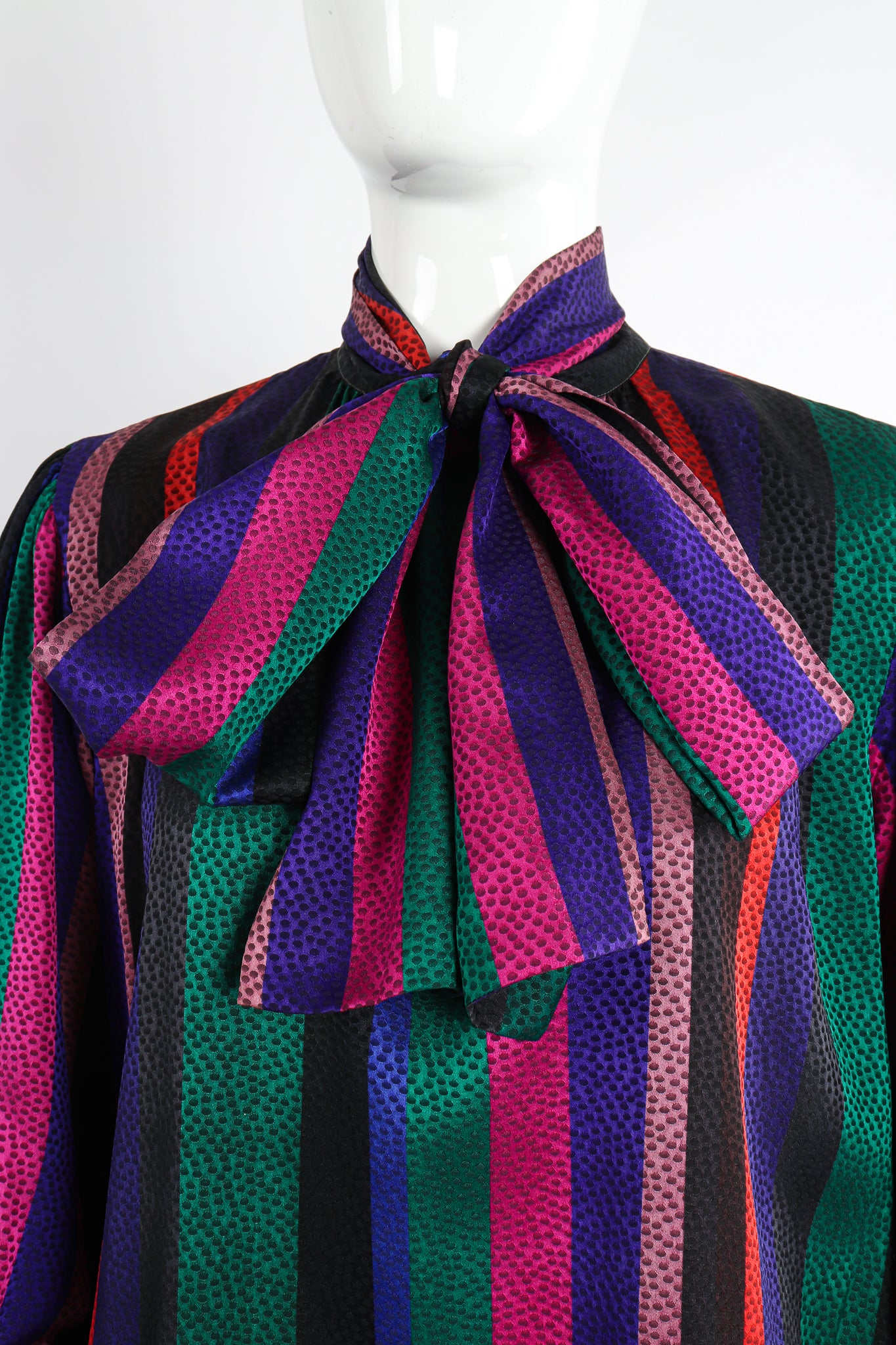 Vintage Yves Saint Laurent YSL Silk Stripe Bow Blouse on Mannequin bow 1 at Recess Los Angeles