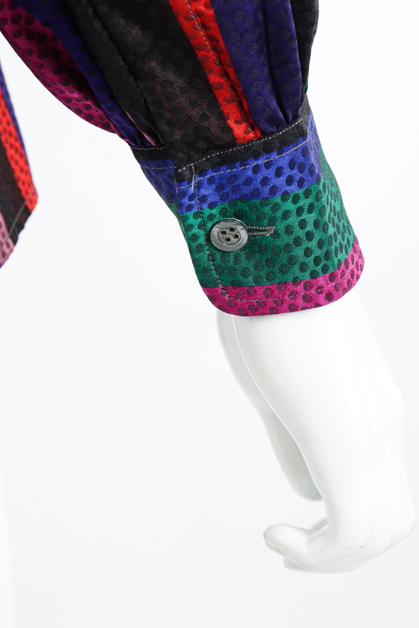 Vintage Yves Saint Laurent YSL Silk Stripe Bow Blouse on Mannequin sleeve cuff at Recess LA