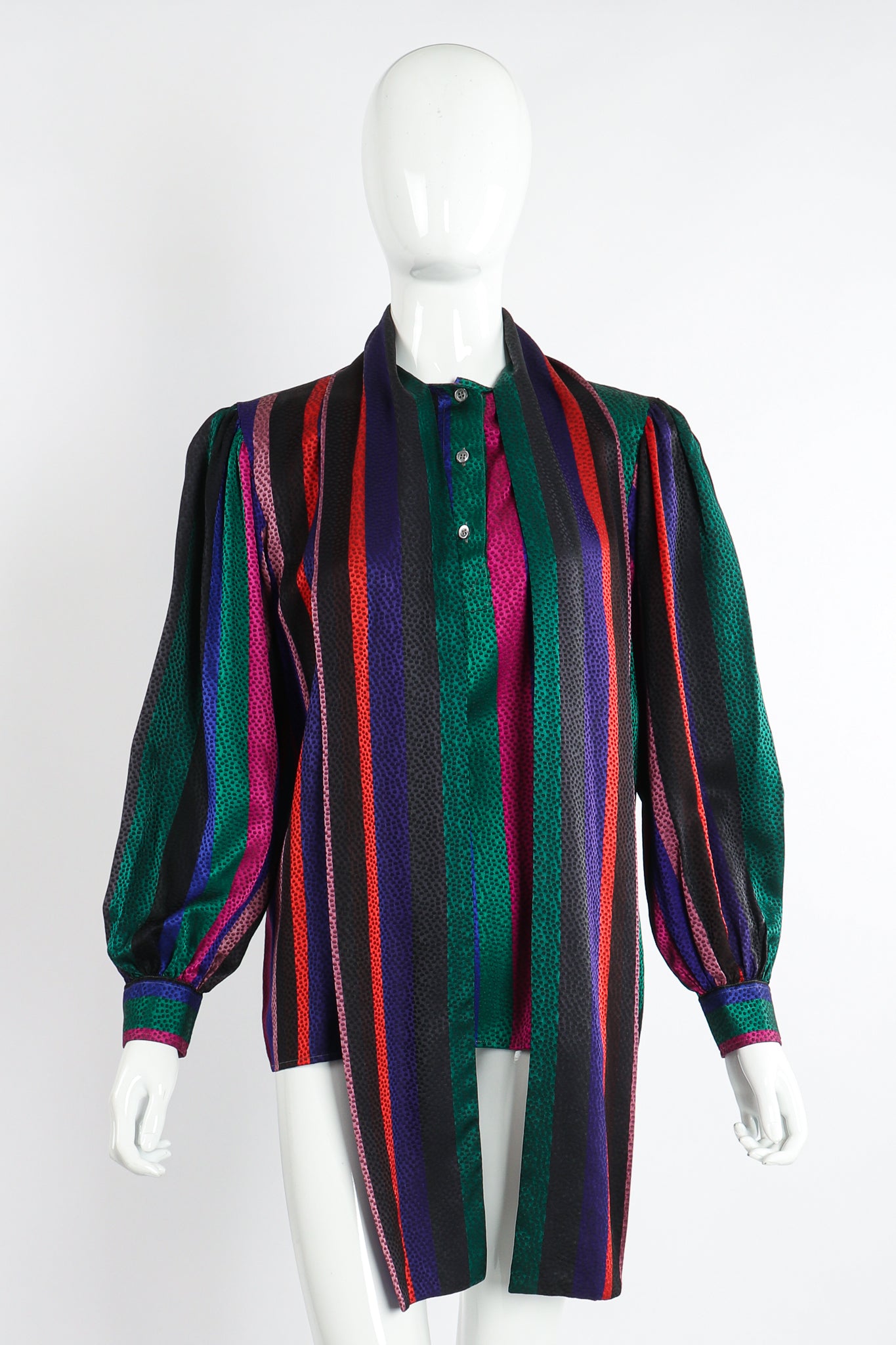 Vintage Yves Saint Laurent YSL Silk Stripe Bow Blouse on Mannequin untie at Recess Los Angeles