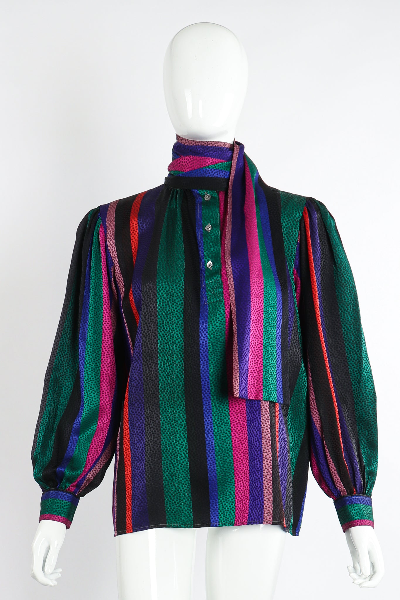Vintage Yves Saint Laurent YSL Silk Stripe Bow Blouse on Mannequin scarf tie at Recess Los Angeles