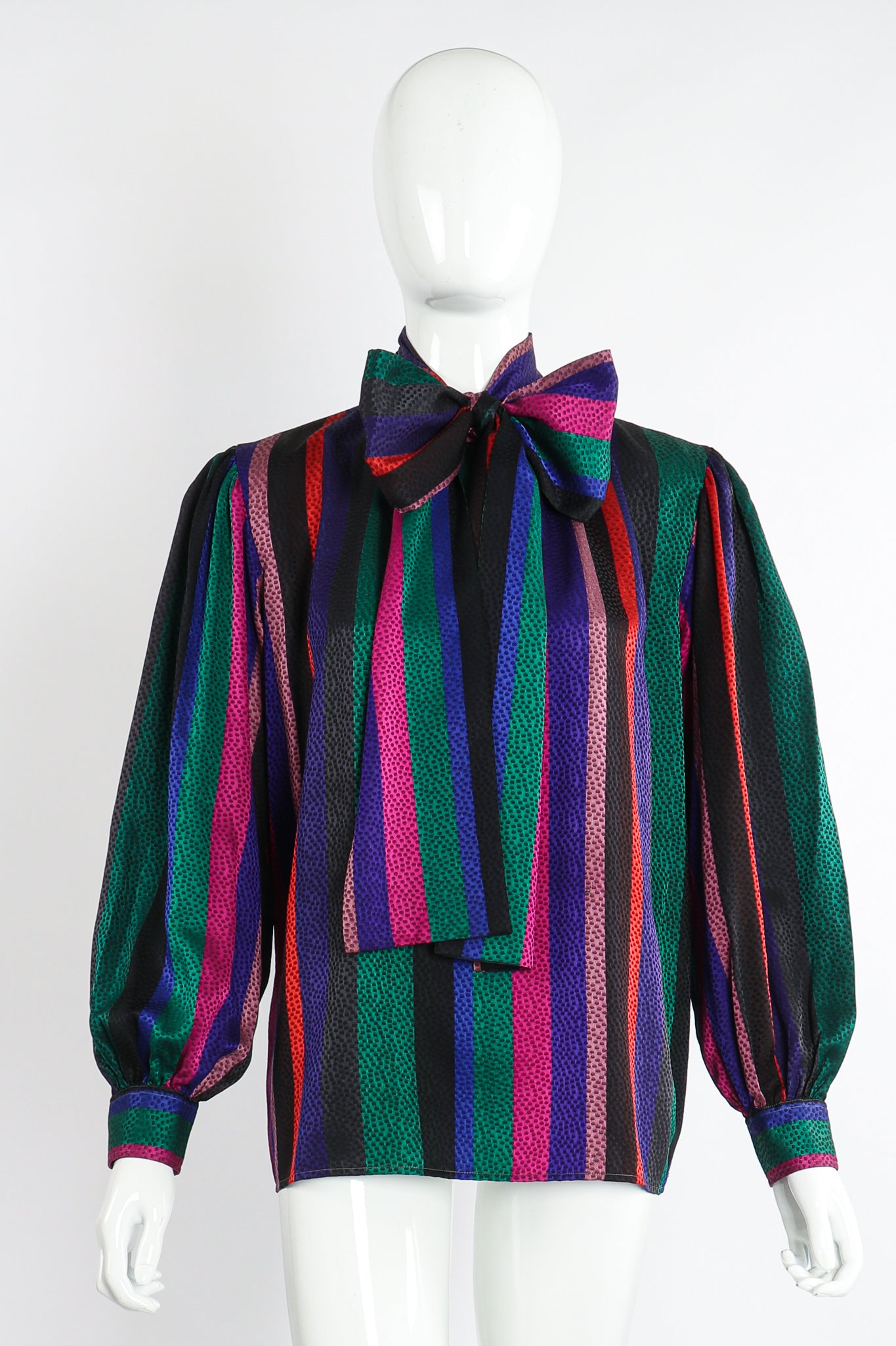 Vintage Yves Saint Laurent YSL Silk Stripe Bow Blouse on Mannequin front at Recess Los Angeles