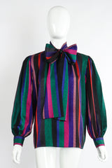 Vintage Yves Saint Laurent YSL Silk Stripe Bow Blouse on Mannequin front at Recess Los Angeles