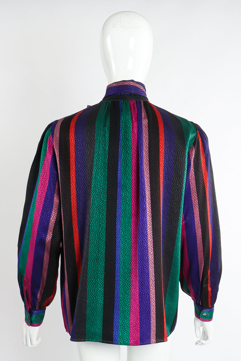 Vintage Yves Saint Laurent YSL Silk Stripe Bow Blouse on Mannequin back at Recess Los Angeles