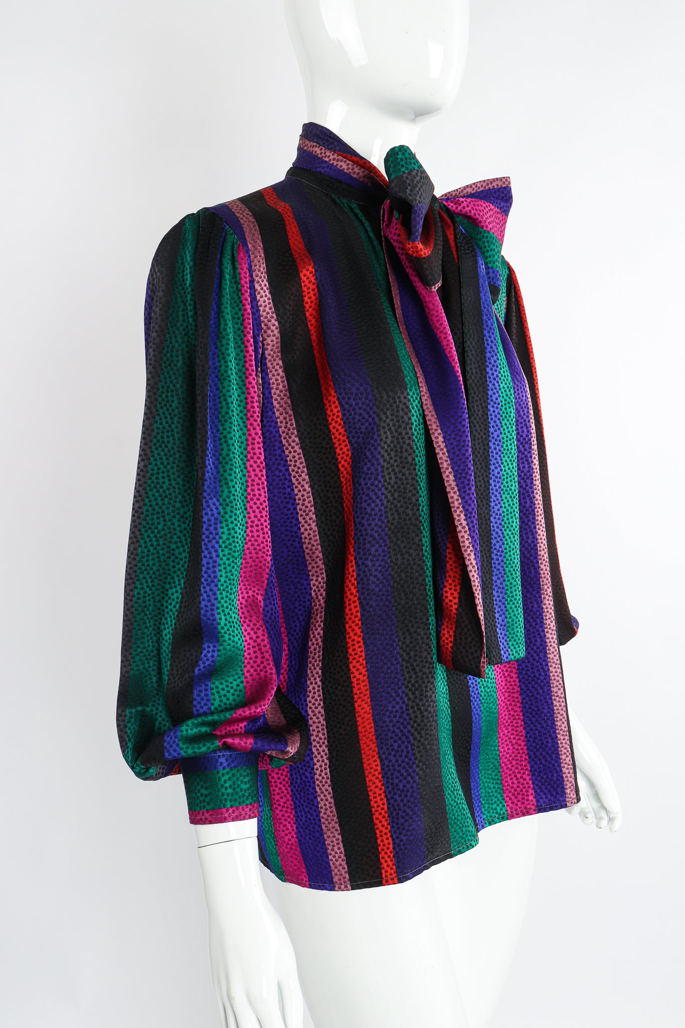 Vintage Yves Saint Laurent YSL Silk Stripe Bow Blouse on Mannequin angle at Recess Los Angeles
