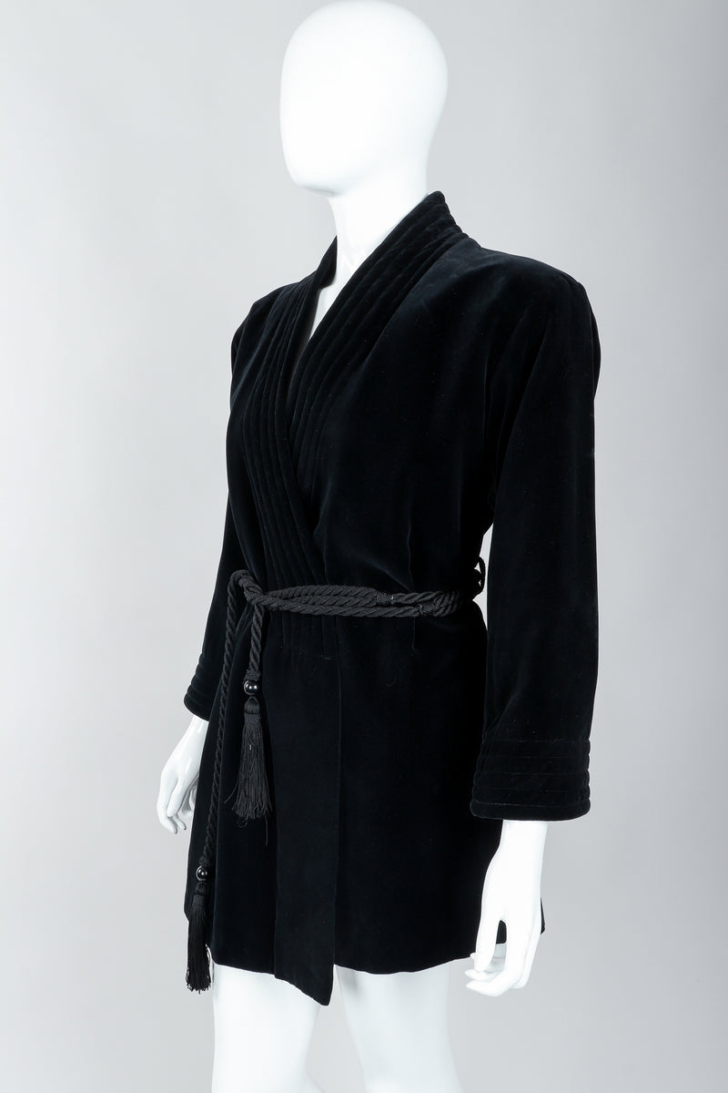 Vintage Yves Saint Laurent YSL Black Velvet Rope Tie Jacket Robe on Mannequin, front angle