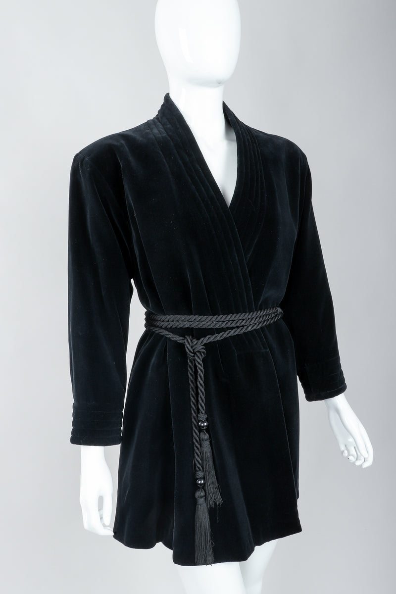 Vintage Yves Saint Laurent YSL Black Velvet Rope Tie Jacket Robe on Mannequin, front angle