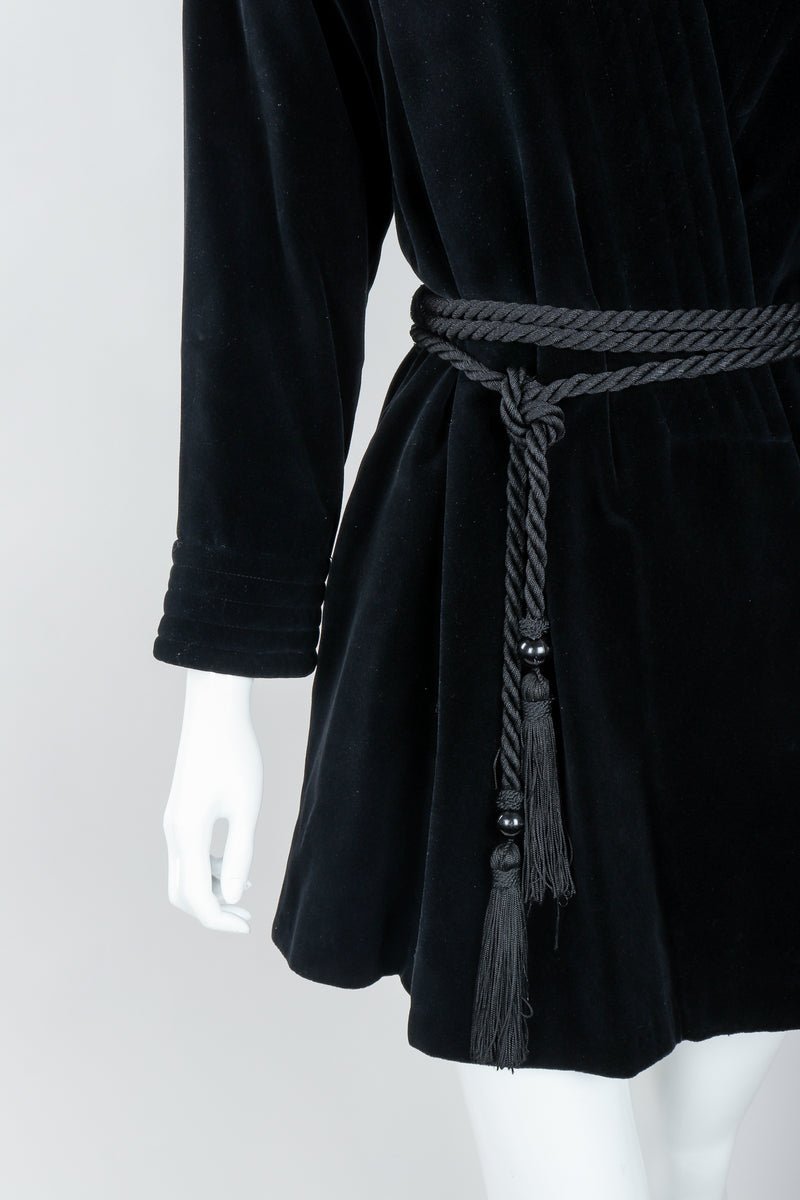 Vintage Yves Saint Laurent YSL Black Velvet Rope Tie Jacket Robe on Mannequin, waist tie