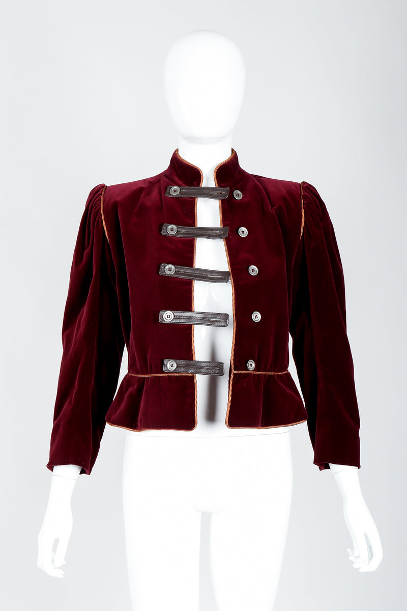Vintage Yves Saint Laurent YSL Velvet Military Jacket on Mannequin open at Recess