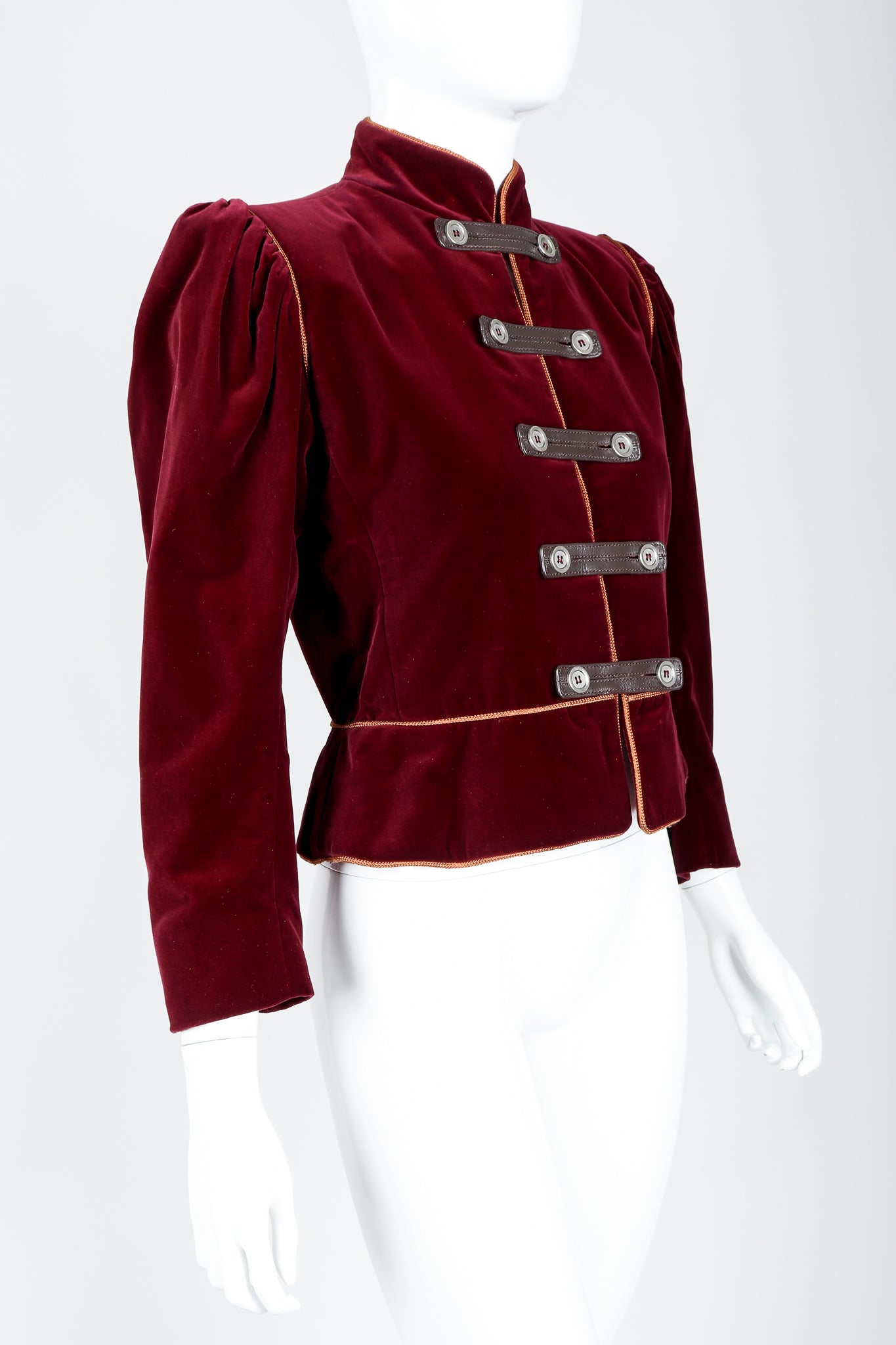 Vintage Yves Saint Laurent YSL Velvet Military Jacket on Mannequin angled at Recess