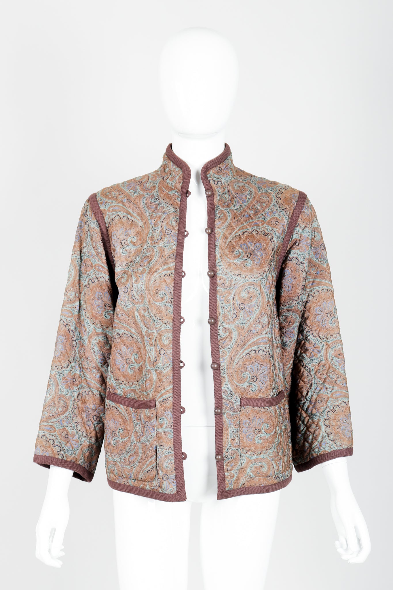 Vintage Yves Saint Laurent YSL Quilted Silk Paisley Jacket on mannequin open at Recess