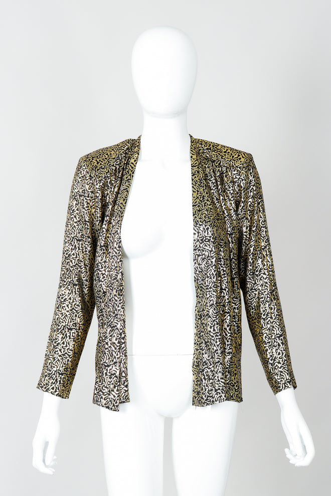  Vintage Yves Saint Laurent YSL Gold Squiggle Wrap Blouse on Mannequin, open at Recess Los Angeles