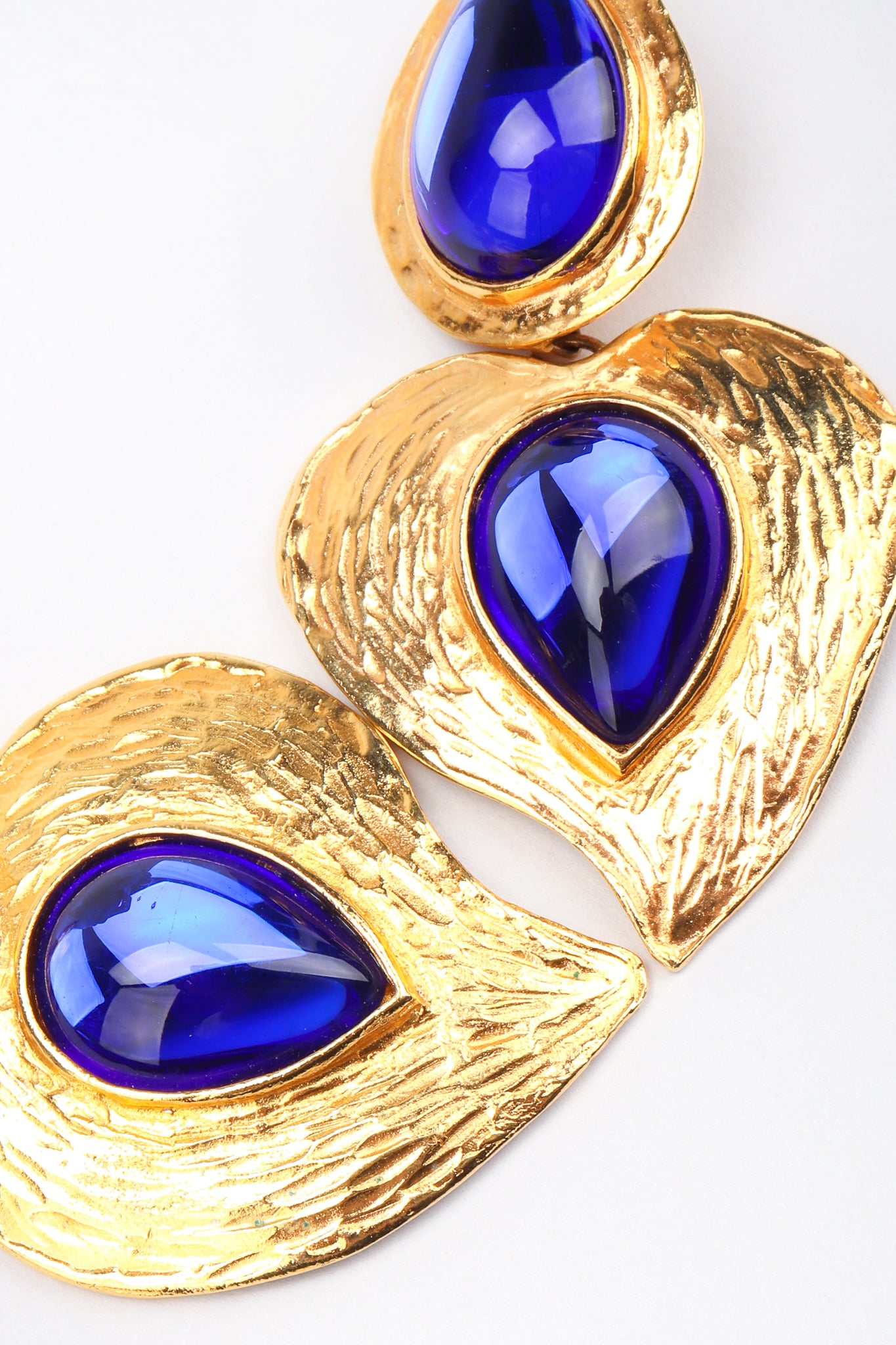 Recess Los Angeles Designer Consignment Vintage Yves Saint Laurent YSL Majorelle Blue Carved Leaf Heart Drop Earrings