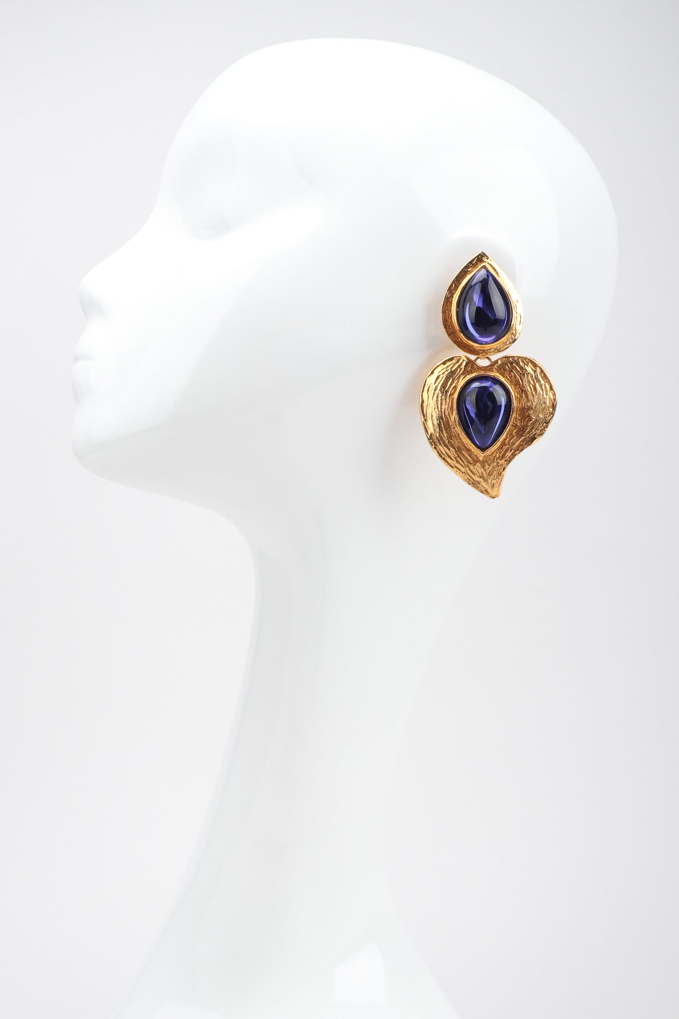 Recess Los Angeles Designer Consignment Vintage Yves Saint Laurent YSL Majorelle Blue Carved Leaf Heart Drop Earrings