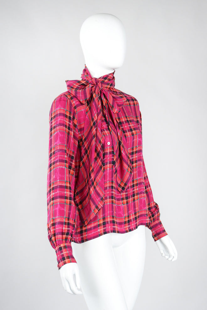 Recess Los Angeles Vintage Yves Saint Laurent YSL Pink Plaid Silk Bow Blouse