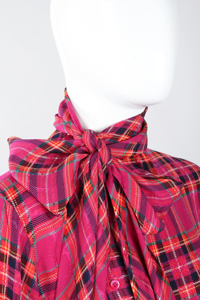 Recess Los Angeles Vintage Yves Saint Laurent YSL Pink Plaid Silk Bow Blouse