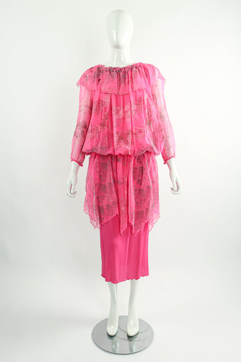 Vintage Zandra Rhodes Painted Seashell Blouson Chiffon Dress on Mannequin Front at Recess LA