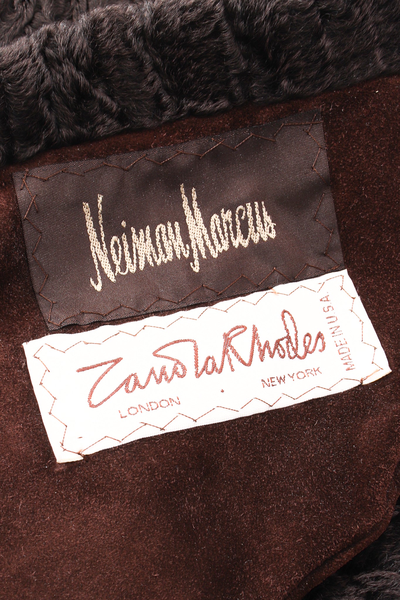 Vintage Zandra Rhodes Reversible Foiled Suede Lamb Fur Jacket labels at Recess Los Angeles