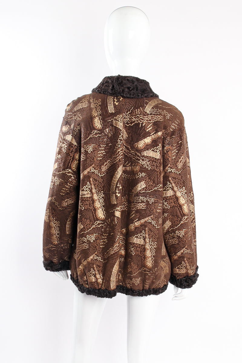 Vintage Zandra Rhodes Reversible Foiled Suede Lamb Fur Jacket on mannequin back at Recess LA