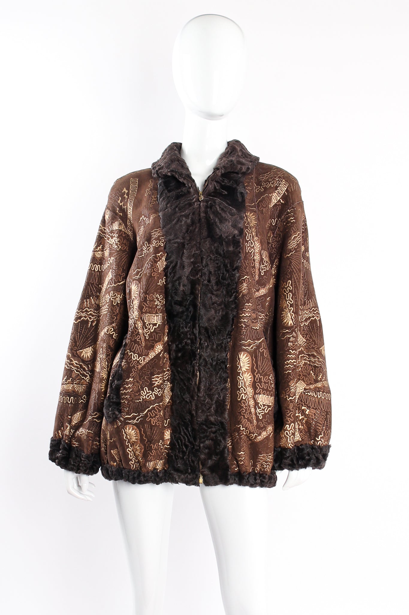 Vintage Zandra Rhodes Reversible Foiled Suede Lamb Fur Jacket on mannequin front at Recess LA