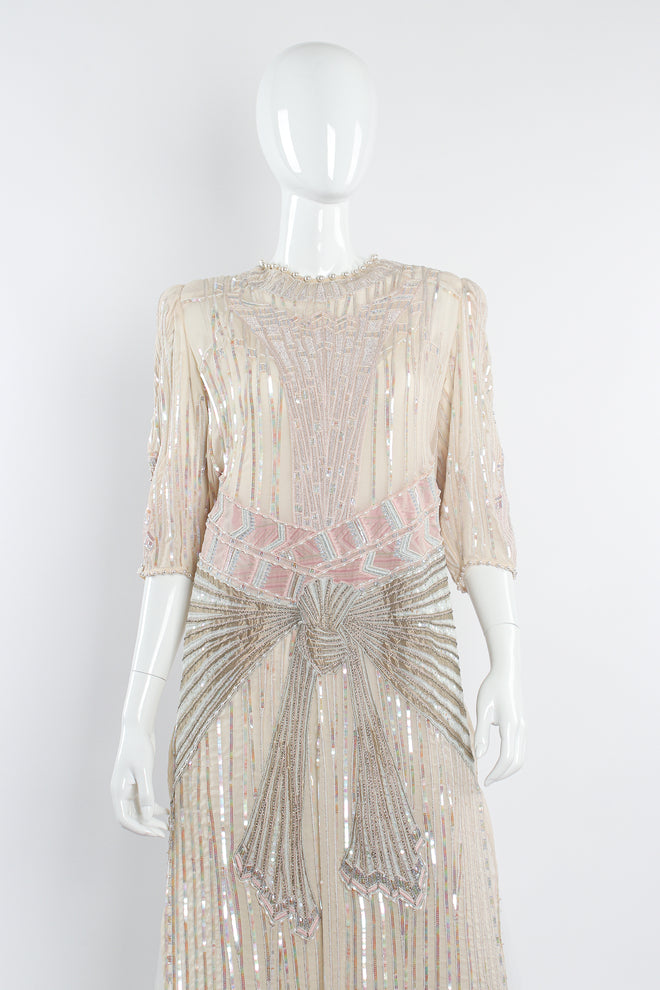 Vintage Zandra Rhodes Deco Beaded Cowl Back Gown on Mannequin front crop at Recess Los Angeles