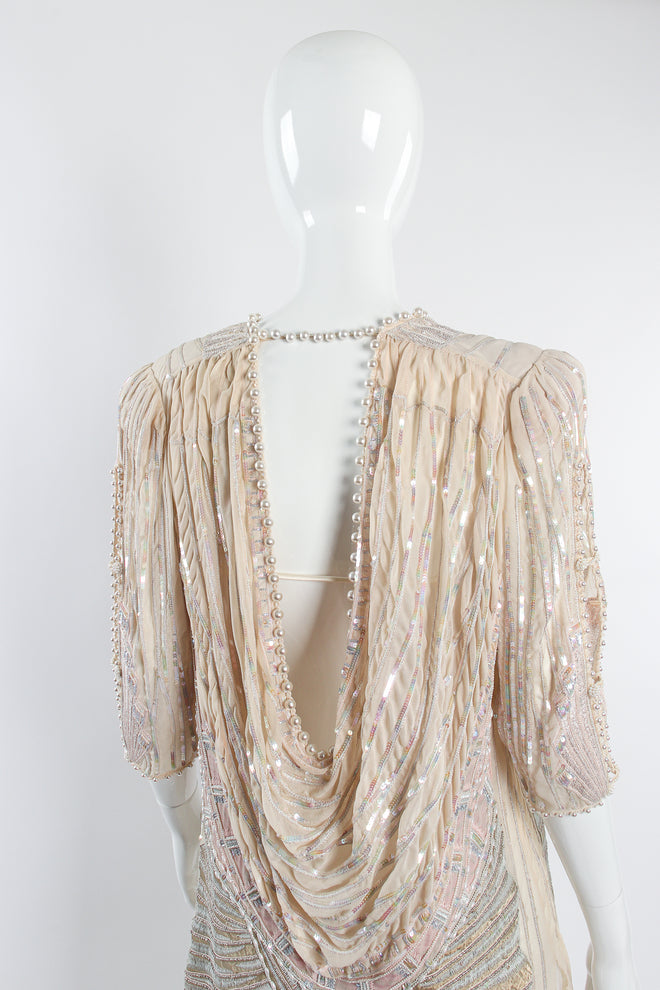 Vintage Zandra Rhodes Deco Beaded Cowl Back Gown on Mannequin back crop at Recess Los Angeles