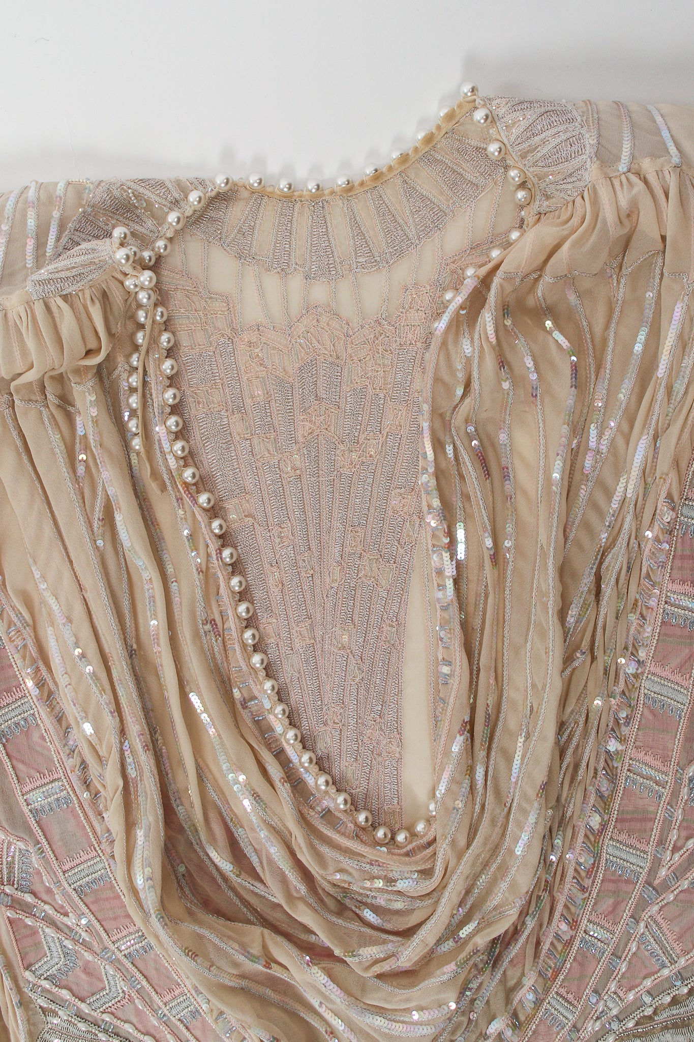 Vintage Zandra Rhodes Deco Beaded Cowl Back Gown on Mannequin dress back at Recess Los Angeles