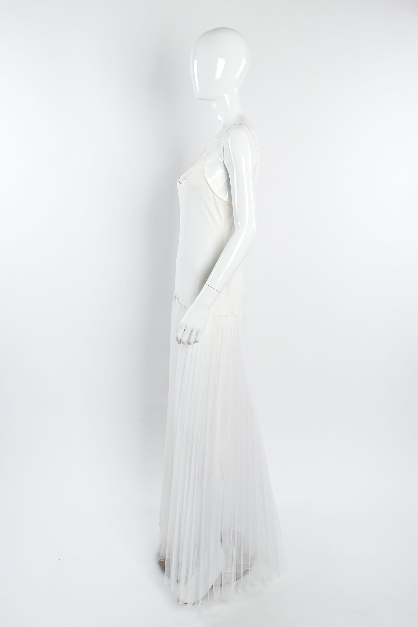 Vintage Zandra Rhodes Deco Beaded Cowl Back Gown on Mannequin slip side at Recess Los Angeles