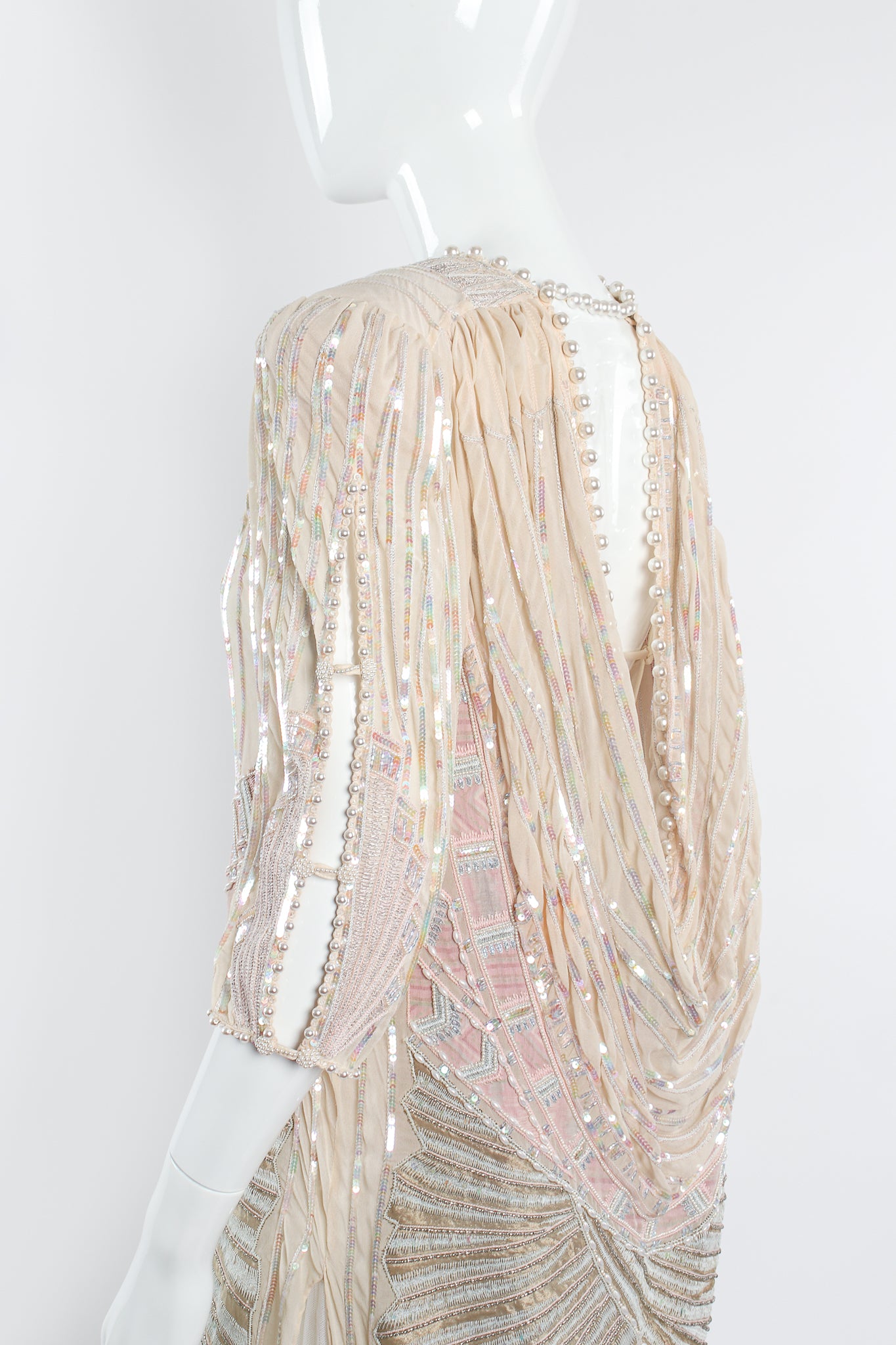 Vintage Zandra Rhodes Deco Beaded Cowl Back Gown on Mannequin sleeve detail at Recess Los Angeles