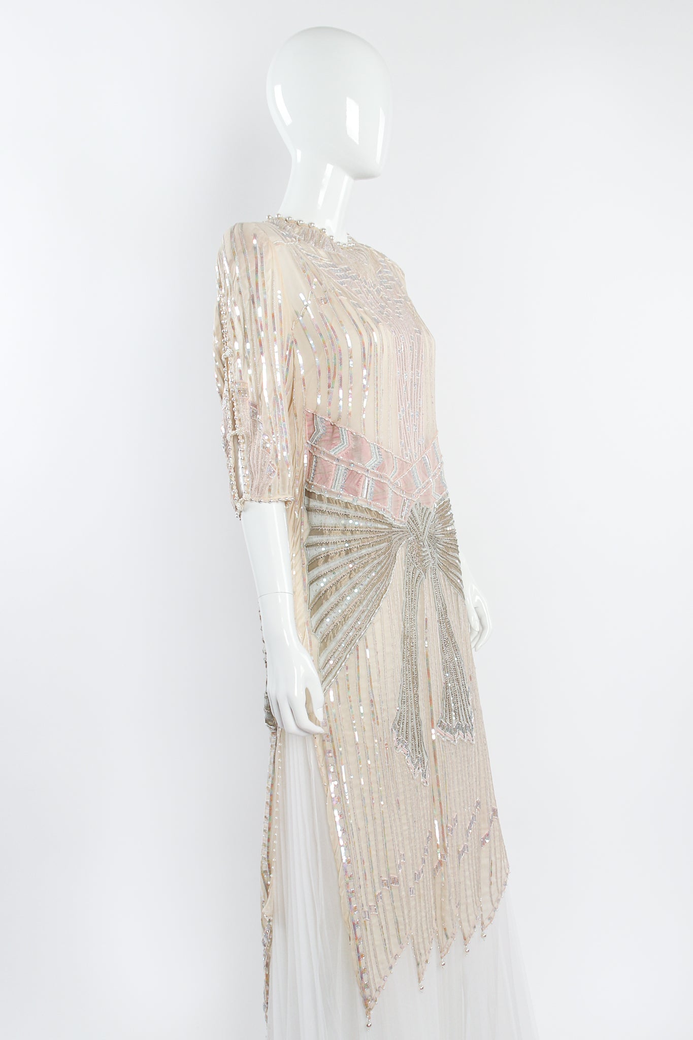 Vintage Zandra Rhodes Deco Beaded Cowl Back Gown on Mannequin angle crop at Recess Los Angeles