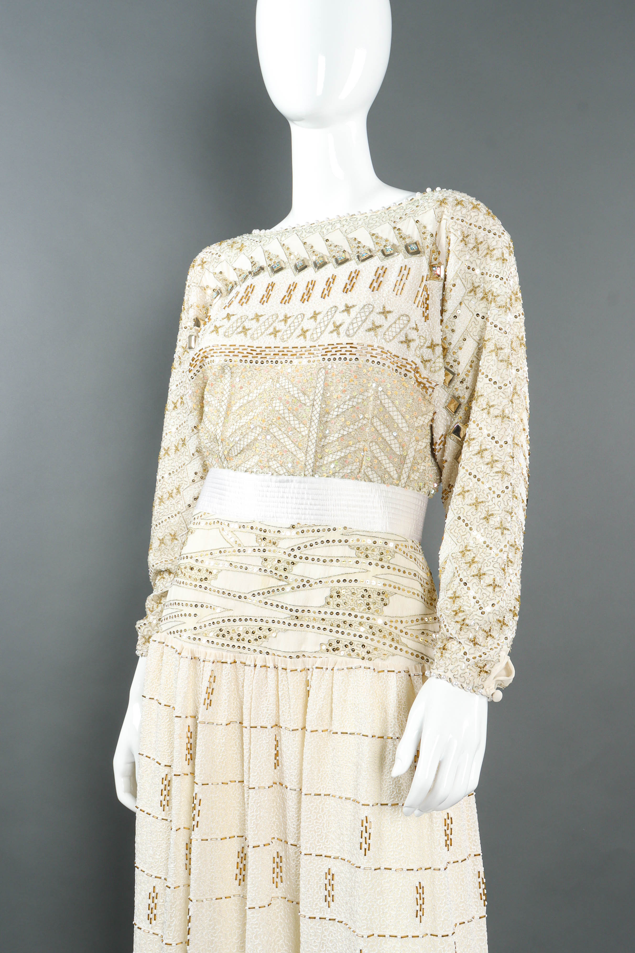 Vintage Zandra Rhodes Geometric Beaded Dress mannequin front close up@ Recess LA