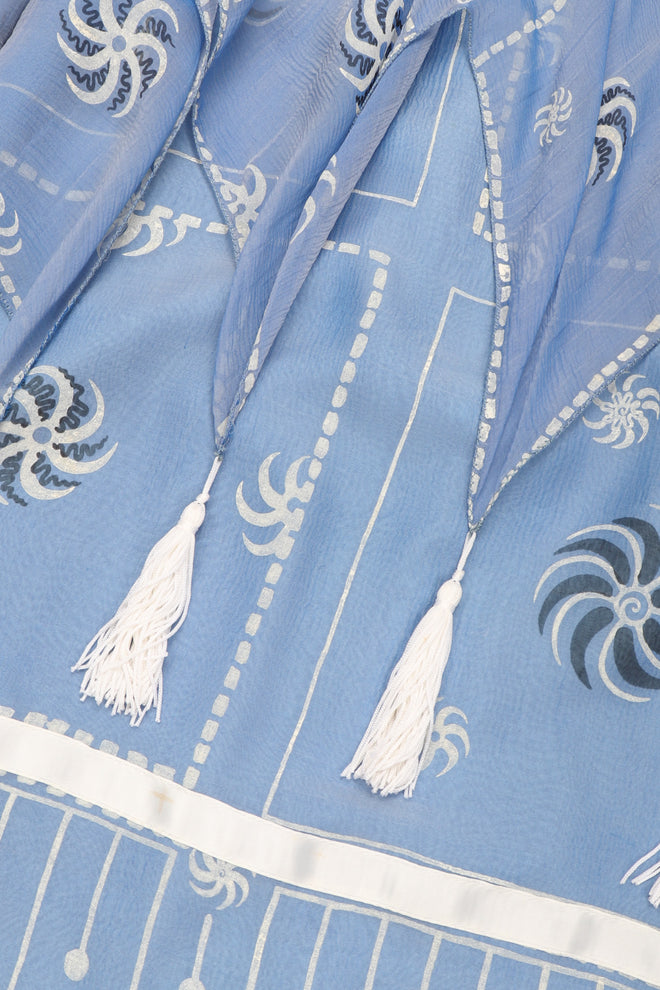 Recess Los Angeles Vintage Rare Zandra Rhodes Sky Blue Pinwheel Painted Chiffon Tassel Dress