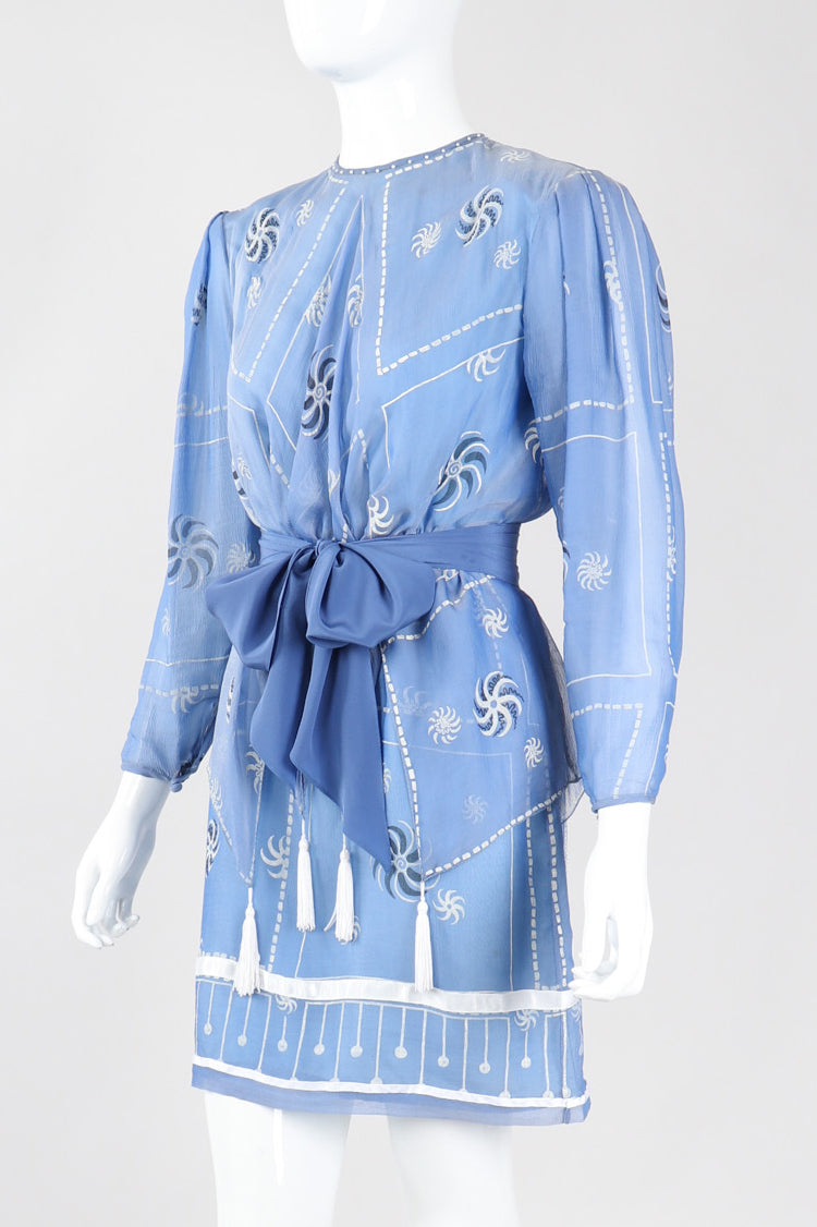 Recess Los Angeles Vintage Rare Zandra Rhodes Sky Blue Pinwheel Painted Chiffon Tassel Dress