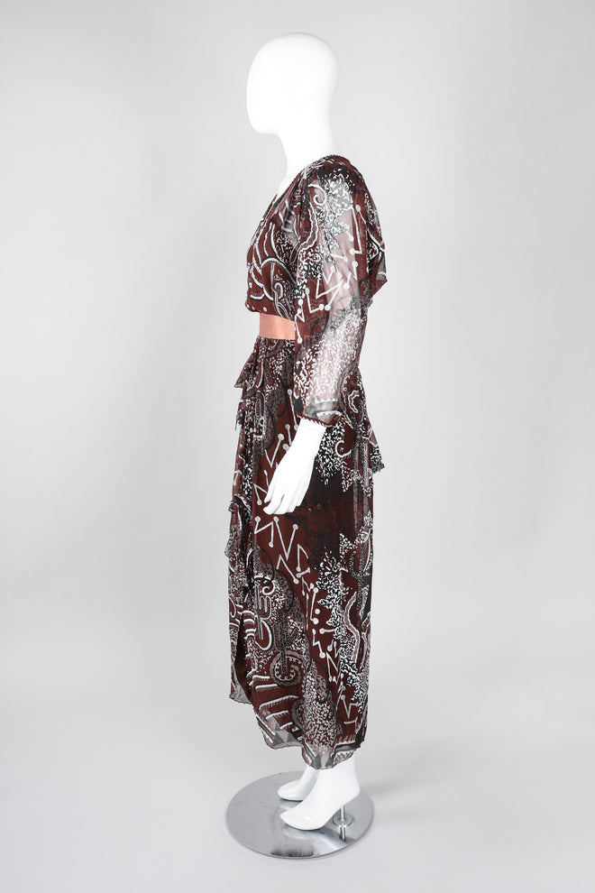 Recess Los Angeles Vintage Zandra Rhodes Artistic Painted Textile Screen Print Chiffon Dress