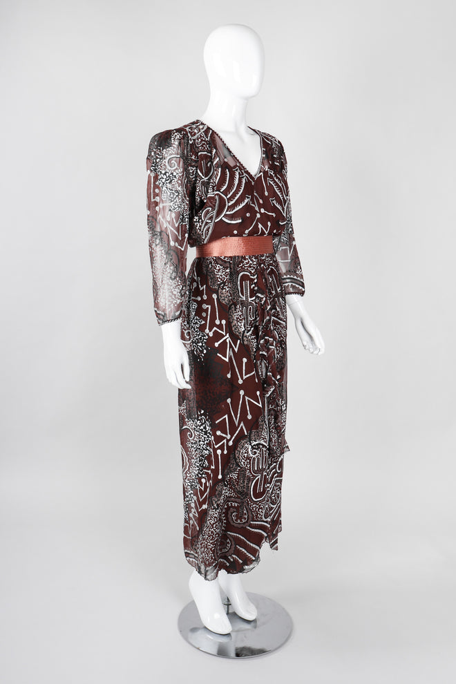 Recess Los Angeles Vintage Zandra Rhodes Artistic Painted Textile Screen Print Chiffon Dress