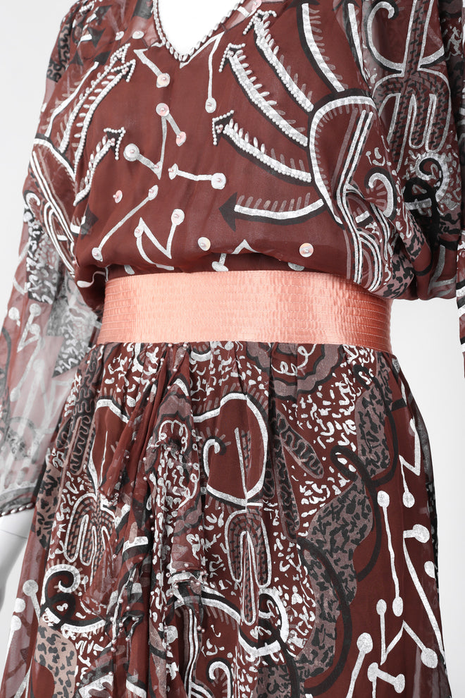 Recess Los Angeles Vintage Zandra Rhodes Artistic Painted Textile Screen Print Chiffon Dress